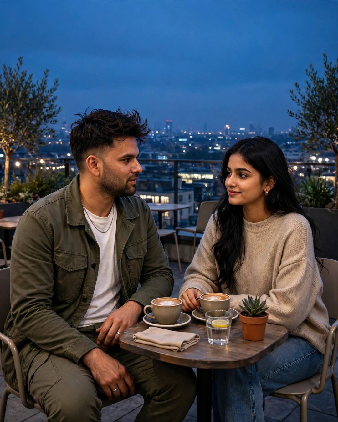 Couple seated across a small rooftop table at blue hour with coffees, city lights spread below