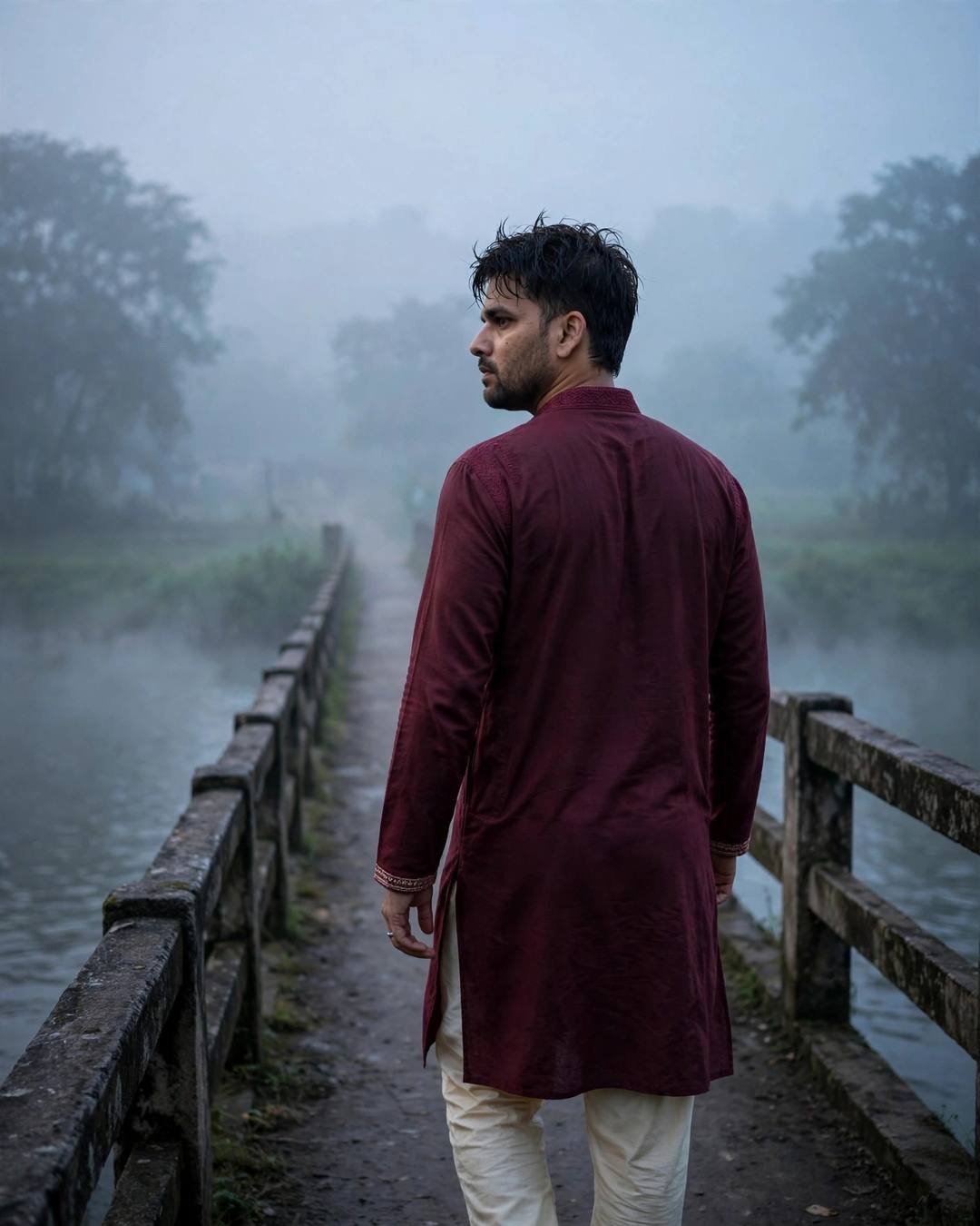 Young man in a maroon kurta and cream churidar walking away across a foggy bridge over a slow river at dawn