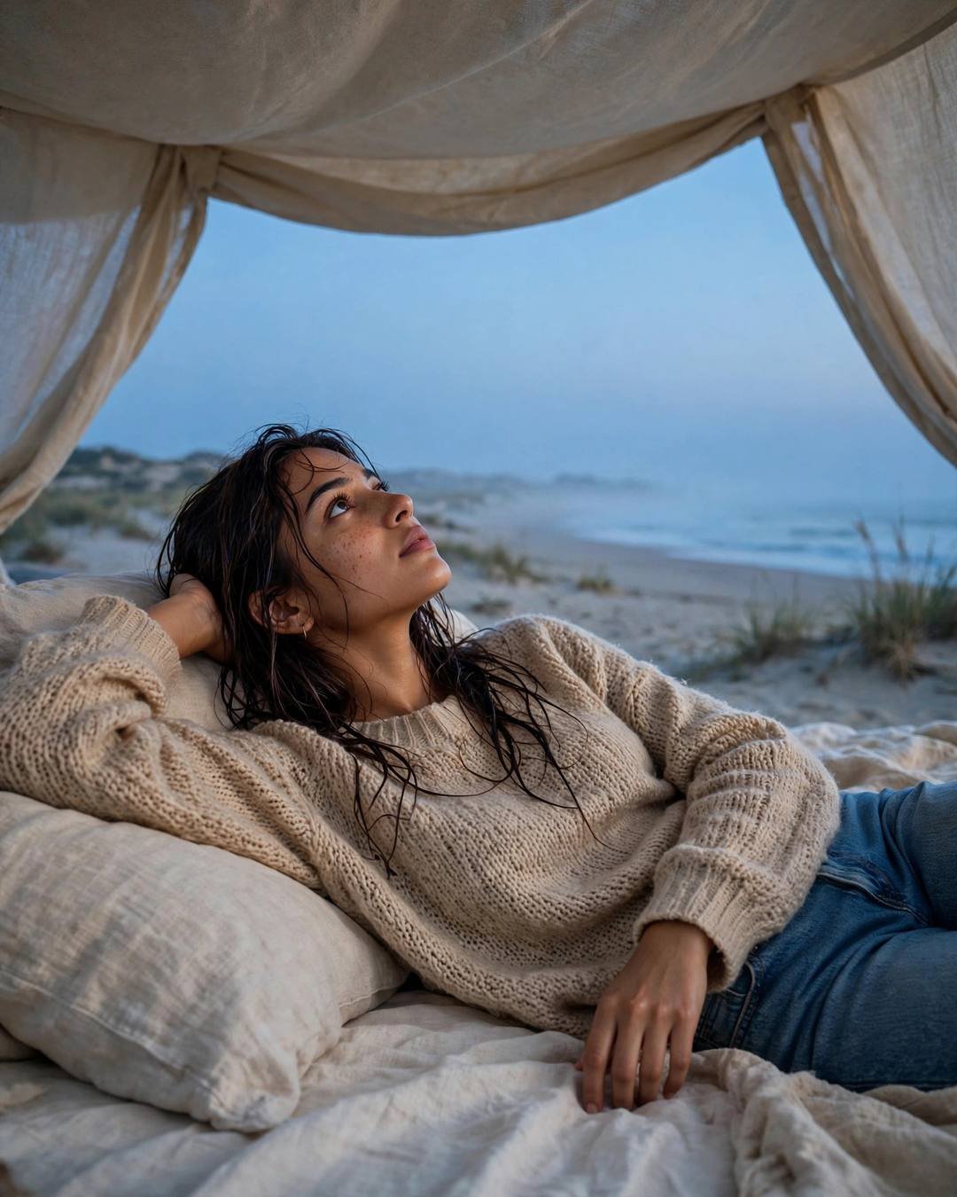 Young woman in oversized beige sweater lying on a bed at a deserted beach at dusk