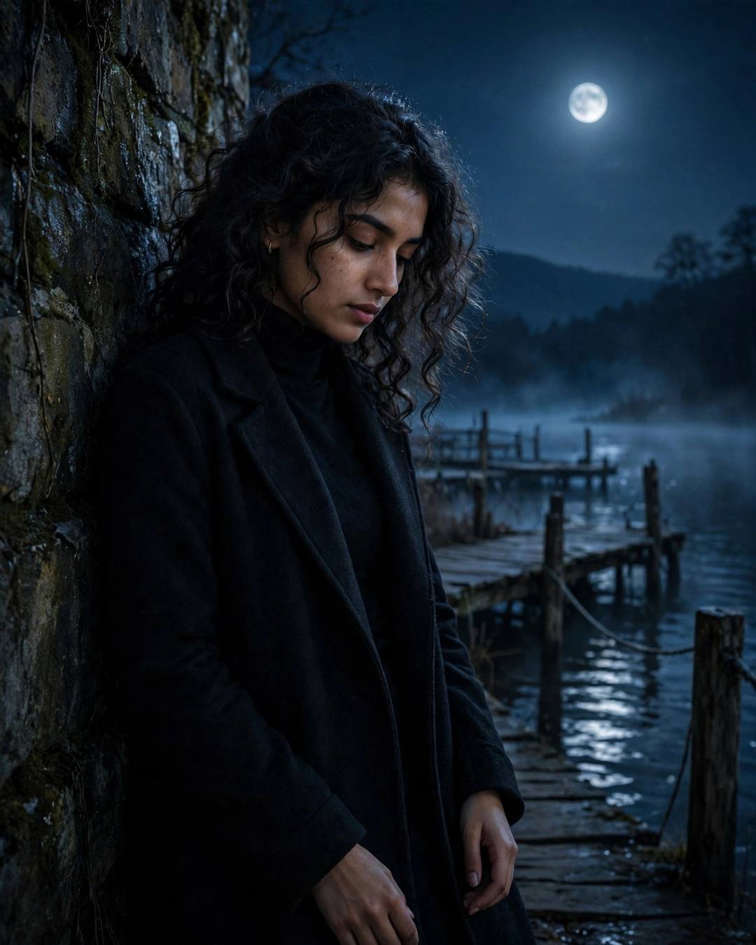 Young woman in black turtleneck and long coat leaning against a wall by a moonlit lake pier