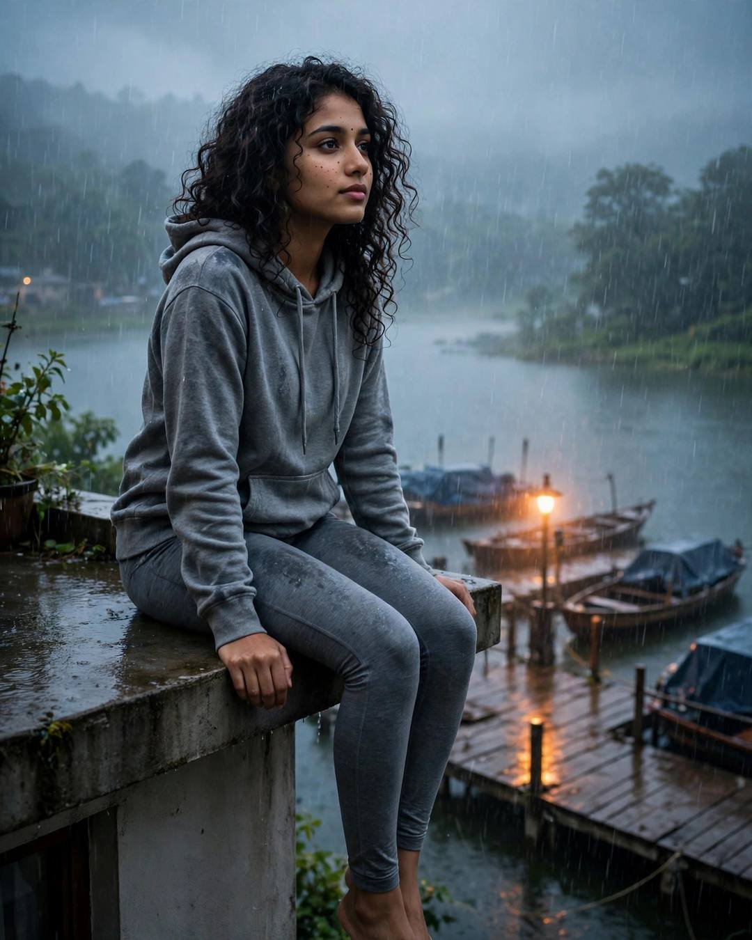 Young woman in grey hoodie sitting on a ledge over a rainy lake pier with a warm streetlamp