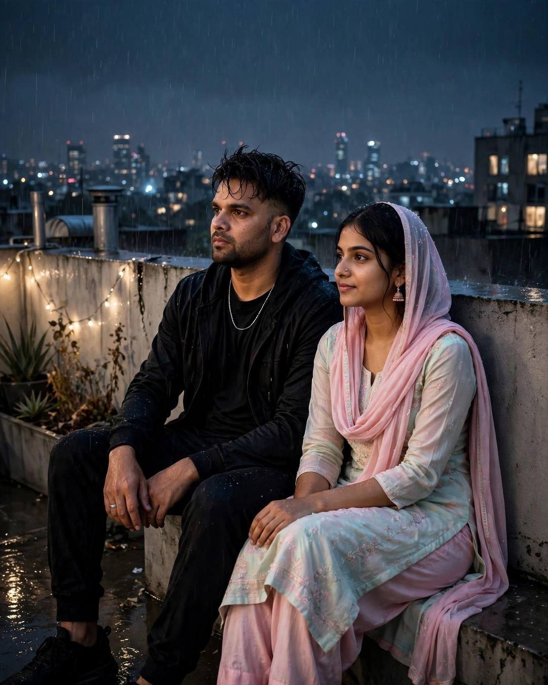 Young couple sitting on a rainy rooftop sharing silence with city lights below