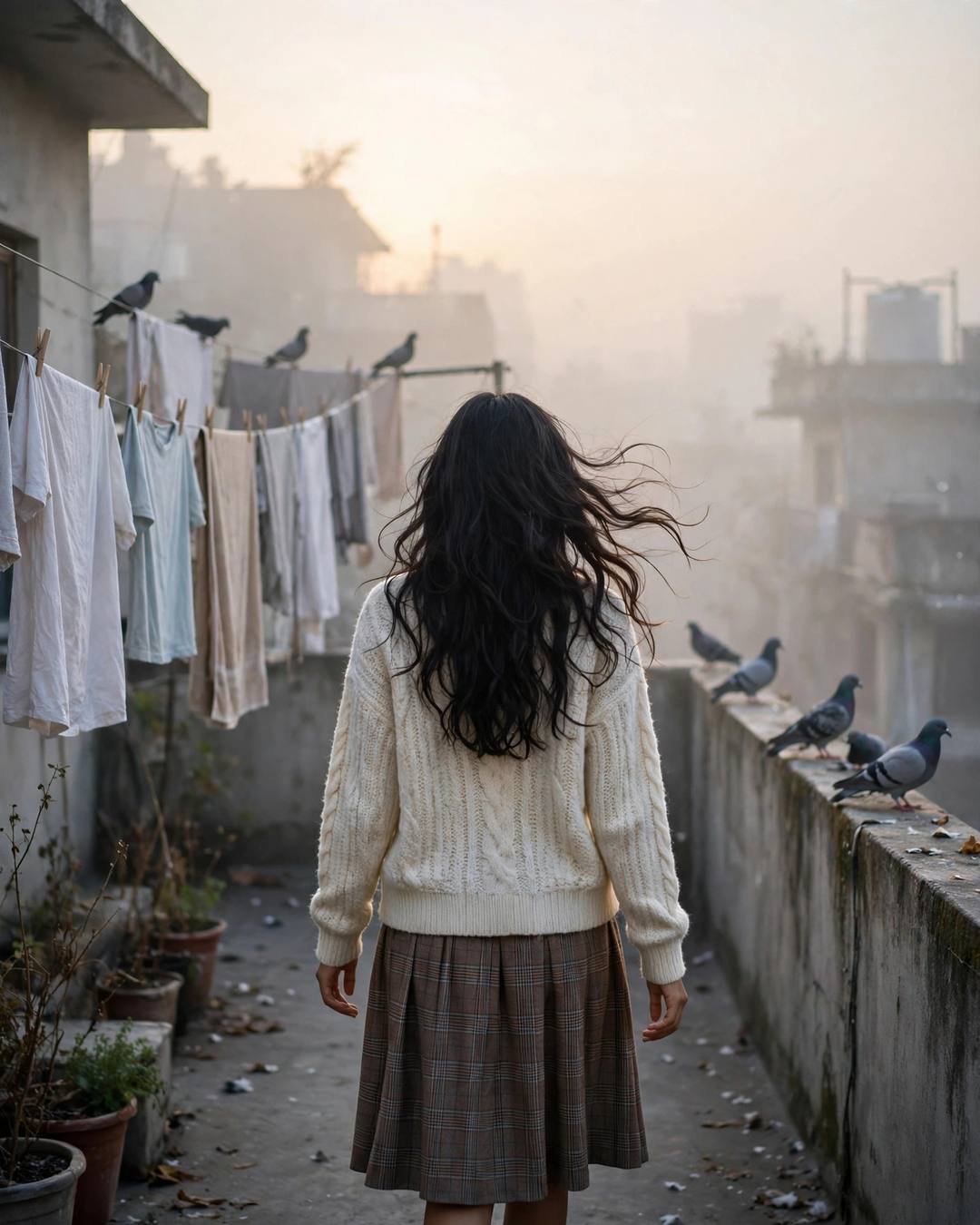 A young woman in a cream knit top and plaid skirt walking away down a terrace path at dawn