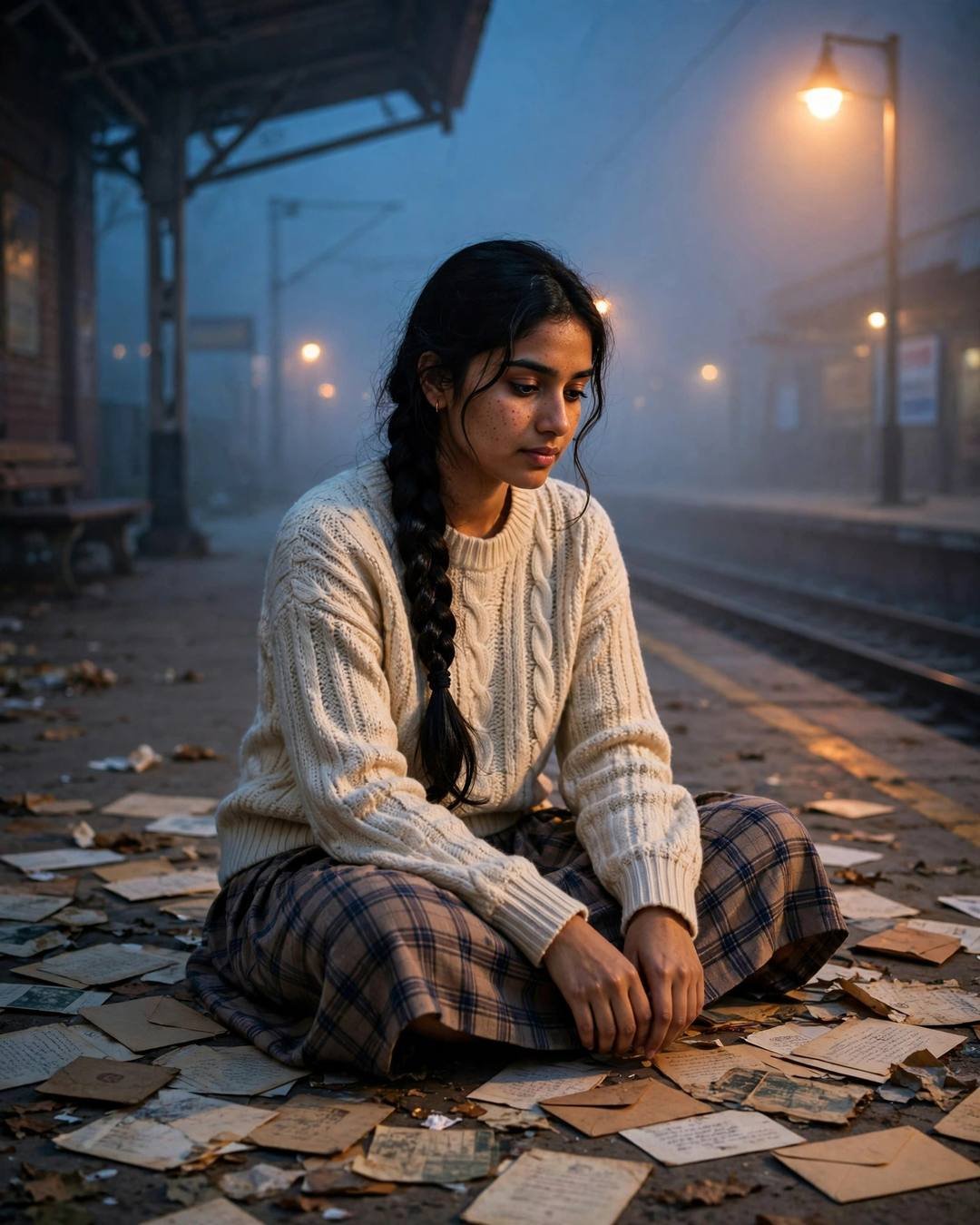 A young woman in a cream knit top and plaid skirt sitting cross-legged among old letters on a railway platform