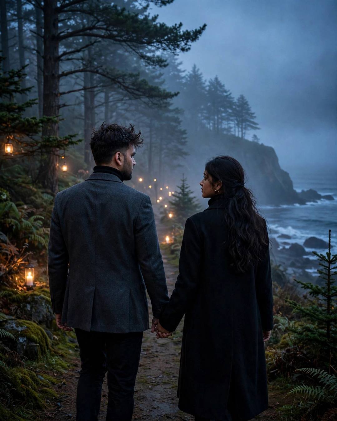 A sandcastle built carefully together with one — couple portrait in charcoal blazer, black turtleneck, slightly messy morning hair at walking hand in hand away from the camera into the distance at misty forest path