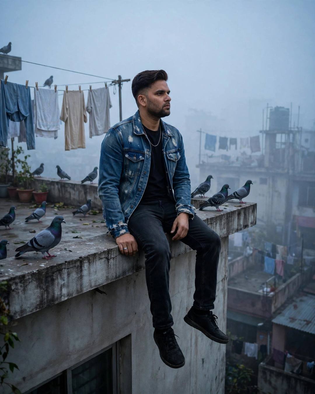 Matte black sherwani with pearl buttons gleaming — boy portrait in distressed denim jacket over black tee, neatly combed side part at sitting on a rooftop ledge, legs dangling over the edge at terrace with drying clothes lines and pigeons