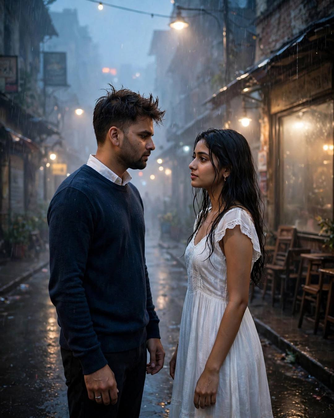 Young couple standing face to face in a rainy street outside an old cafe at blue hour