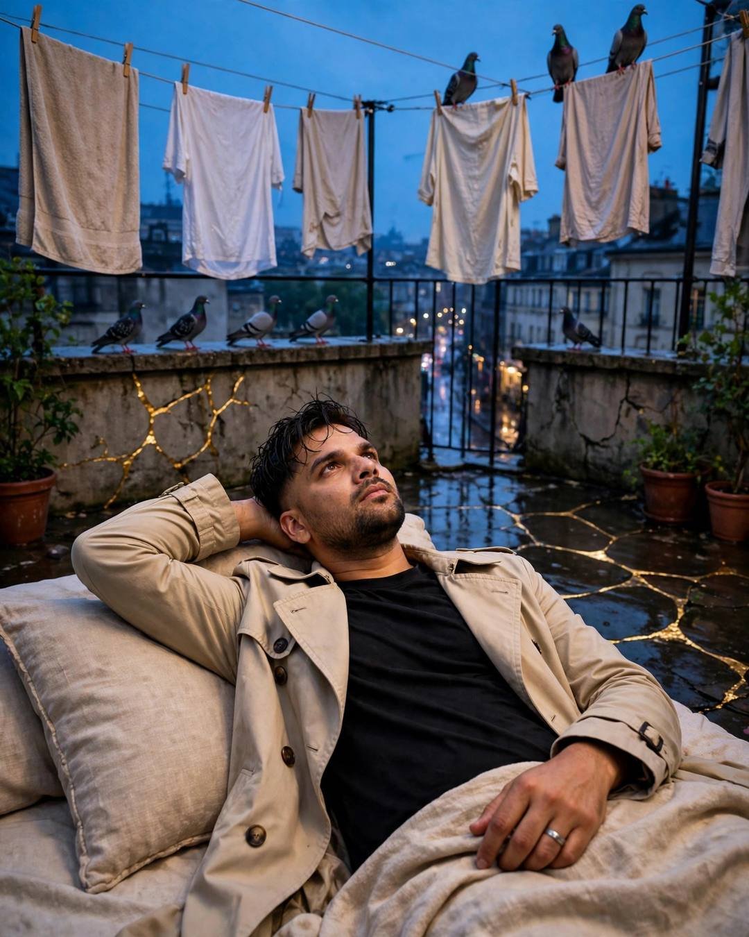 A young man in a beige trench coat lying back on a terrace bed at blue hour, one arm behind his head, golden cracks glowing in the wall and floor behind him, pigeons and laundry nearby