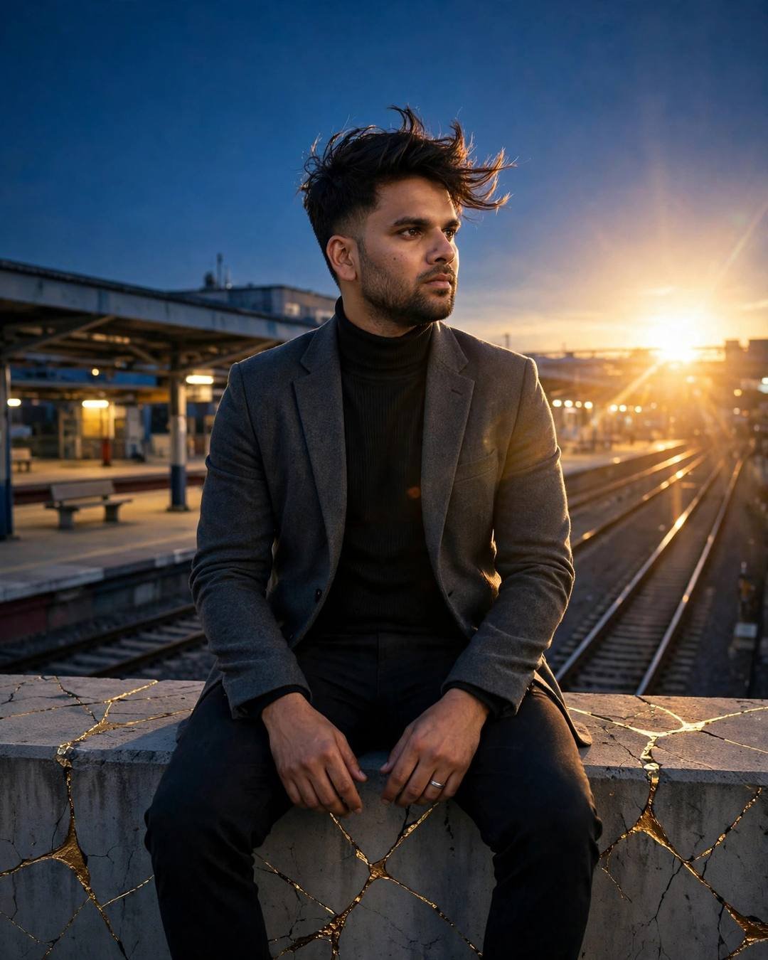 A young man in a charcoal blazer and black turtleneck sitting on a gold-veined stone ledge at a railway platform at sunset