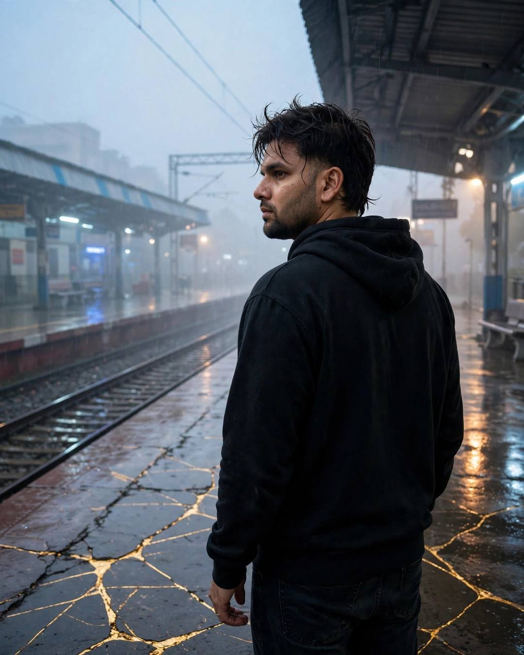 A young man in a black oversized hoodie standing on a foggy railway platform at dawn, back to the camera, looking over his shoulder, gold cracks in the platform floor