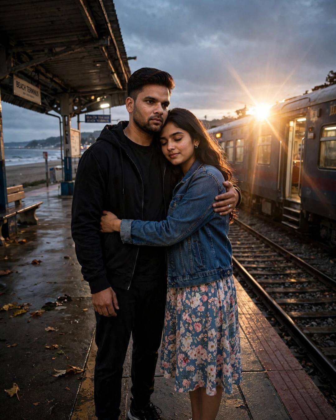 Matching warm woollen scarves draped carelessly on — couple portrait in all-black streetwear with sneakers, neatly combed side part at one last hug at a railway platform as the train waits at deserted beach at dusk