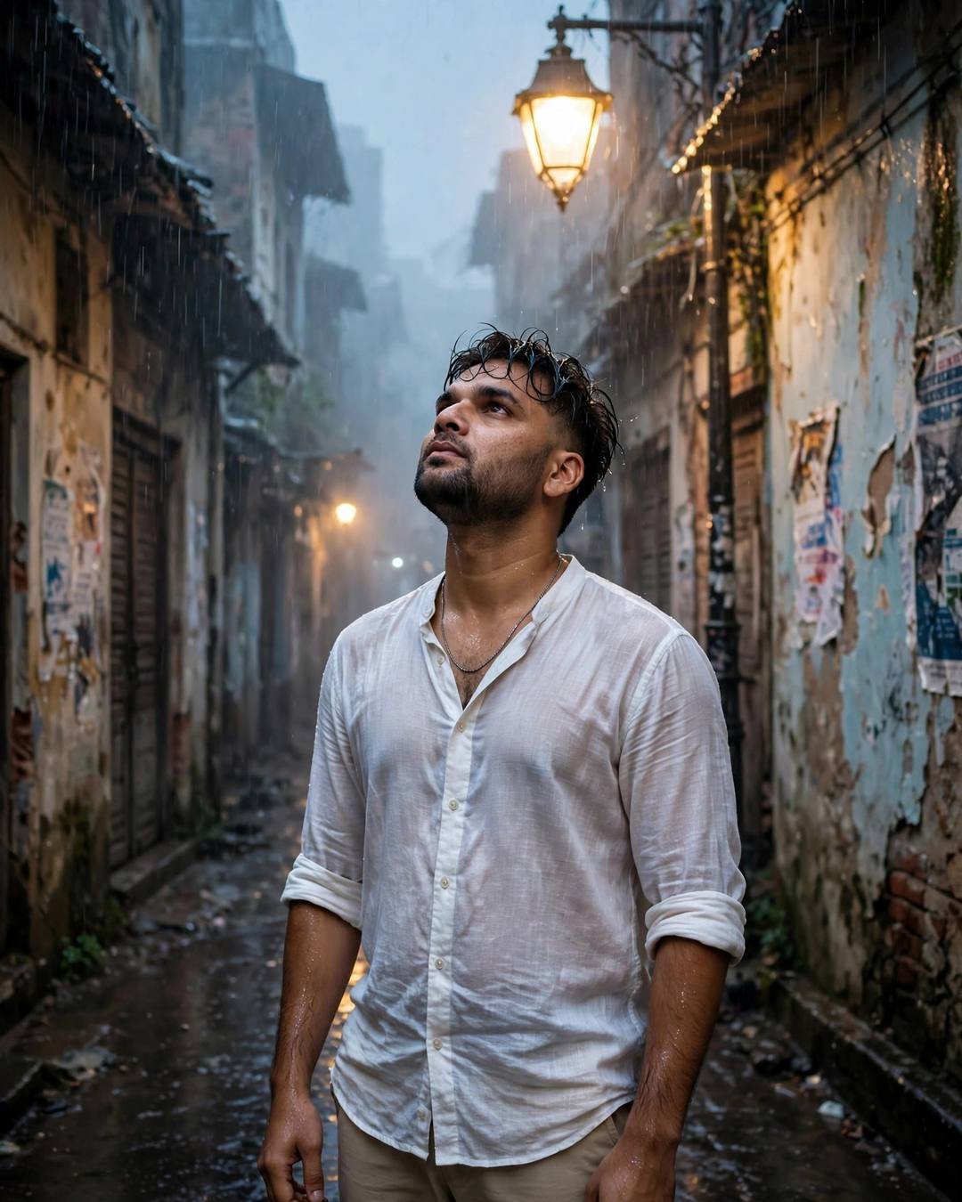 His reflection splitting across a rain-puddled street — boy portrait in white linen shirt with rolled sleeves, beige trousers, towel-dried tousled hair at standing under a streetlamp in the rain, face lifted to the sky at narrow old-city lane with peeling walls