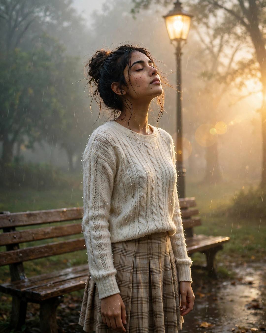 A young woman in a cream knit top and plaid skirt standing under a streetlamp in the rain by a park bench at dawn, face lifted to the sky, eyes closed