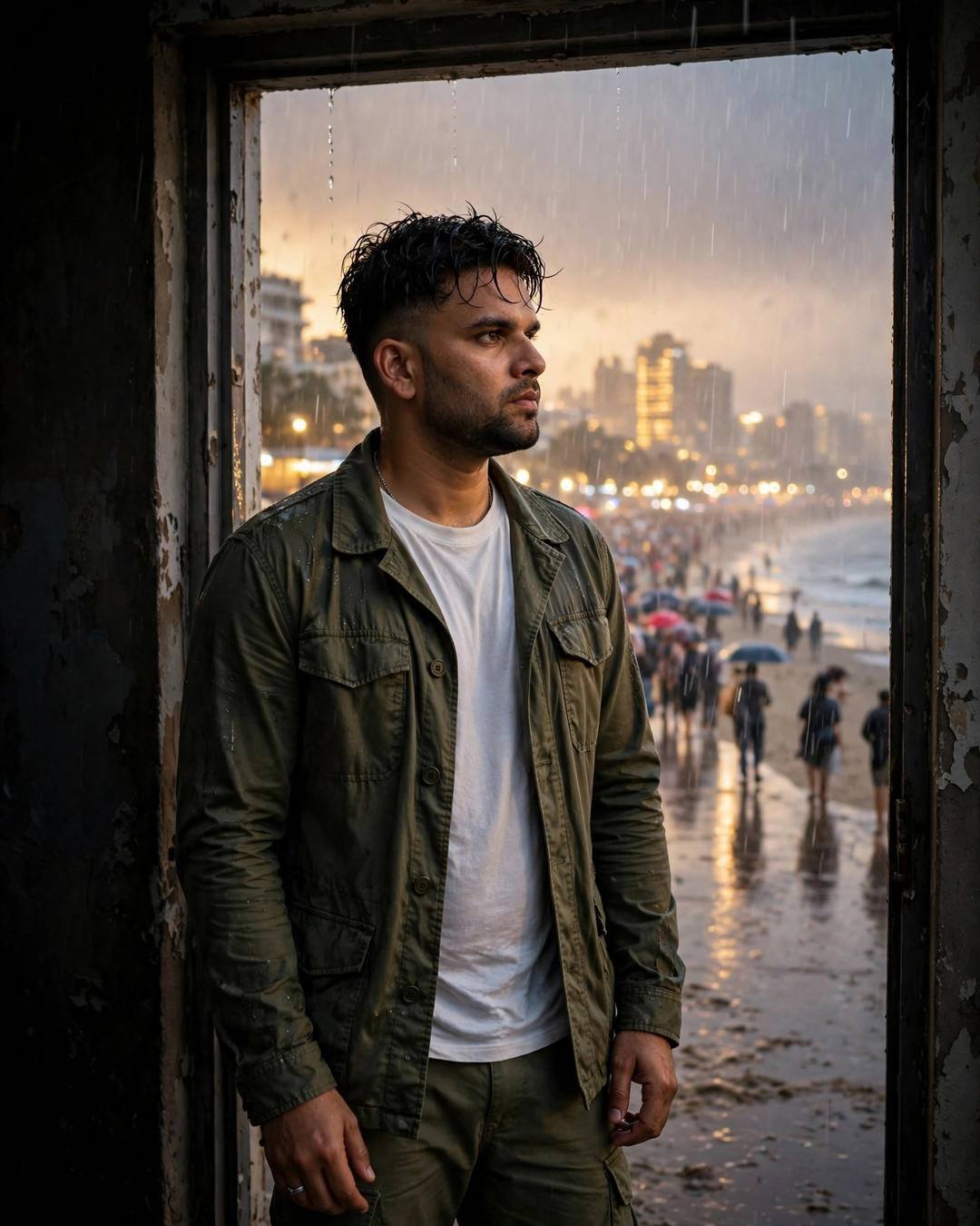 Young man standing in a doorway overlooking a rainy beach at dusk