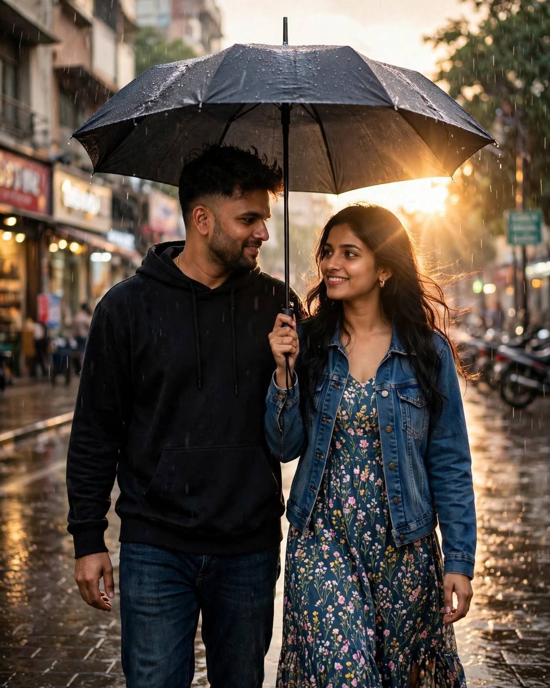 Young couple walking under one umbrella down a rainy street at golden hour