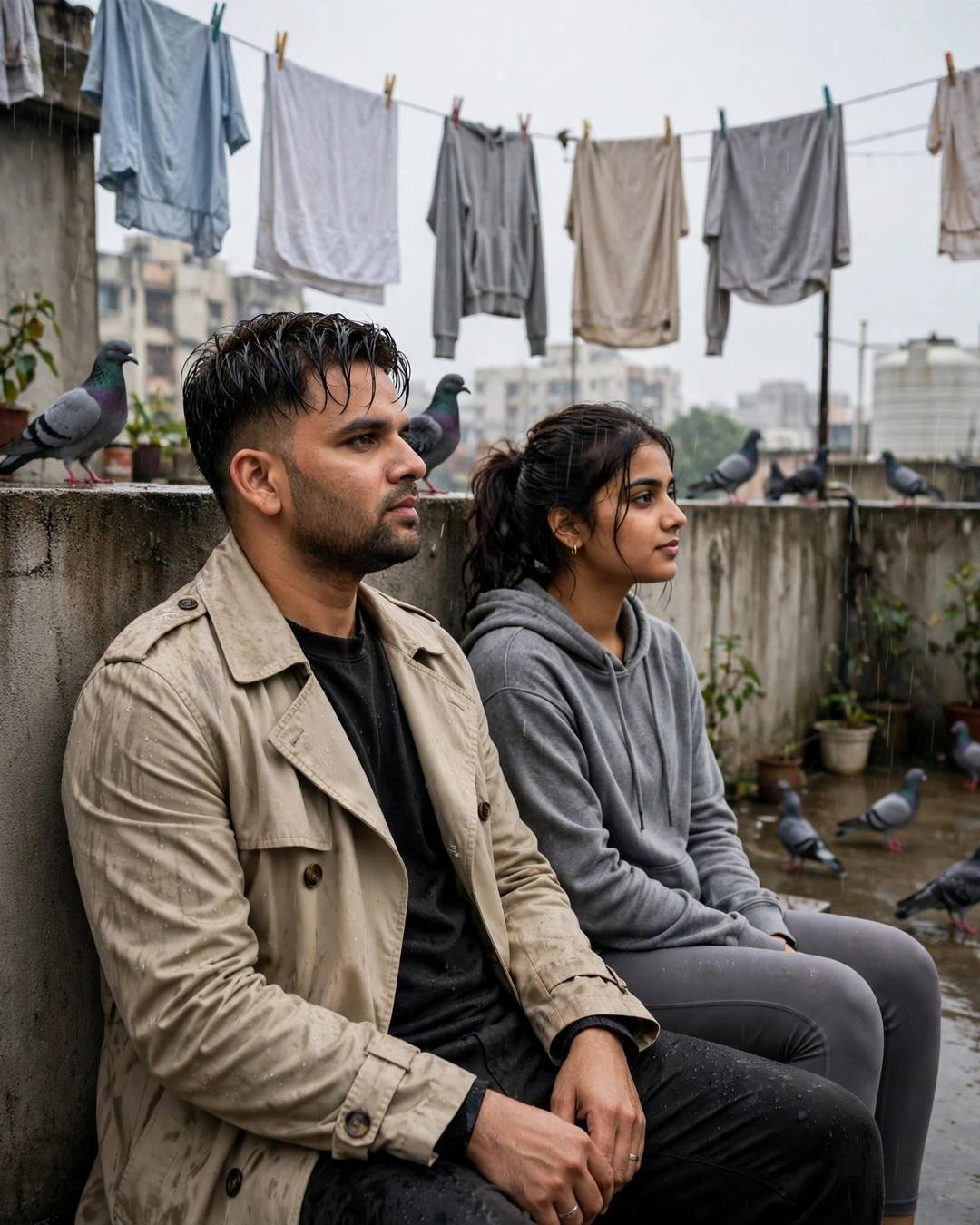 A couple sitting side by side on a rainy rooftop terrace, the man in a beige trench coat and the woman in a grey hoodie, with pigeons and laundry lines around them