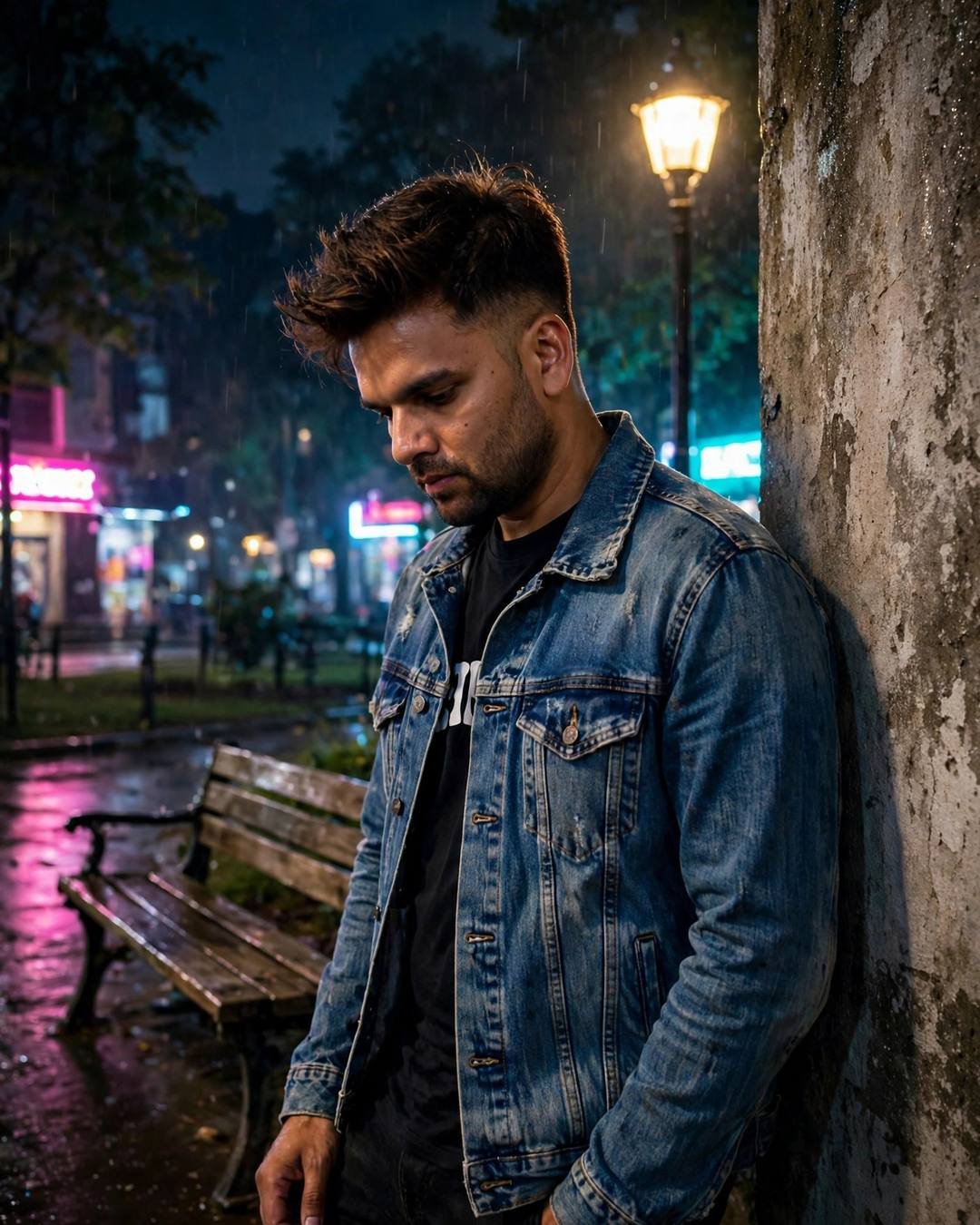 A young man in a distressed denim jacket leaning against a weathered wall at night, head bowed, a park bench and lamp behind him, neon lights in the distance