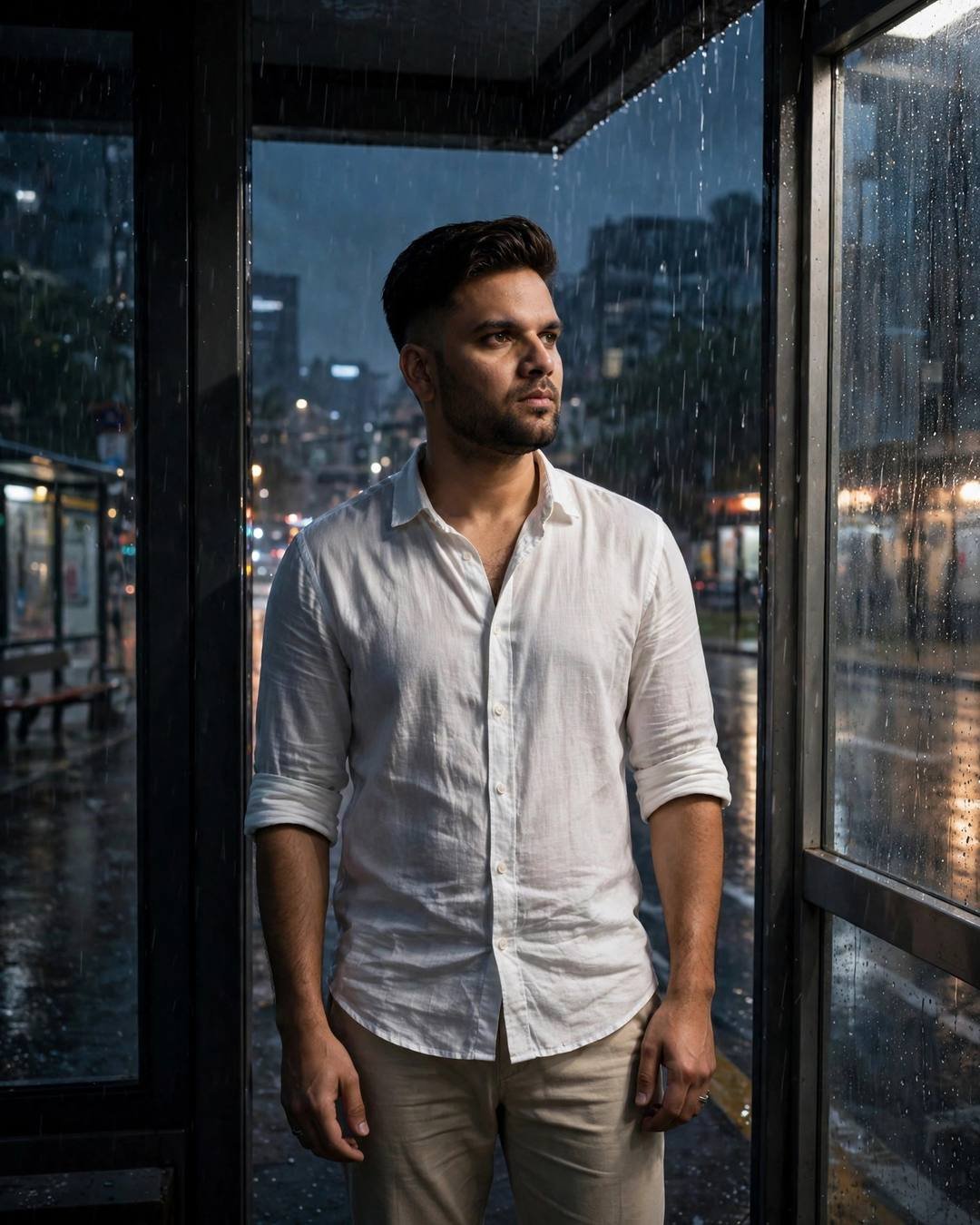 A young man in a white linen shirt standing in a rainy bus-stop doorway at night, half in shadow, gazing at lit apartment towers