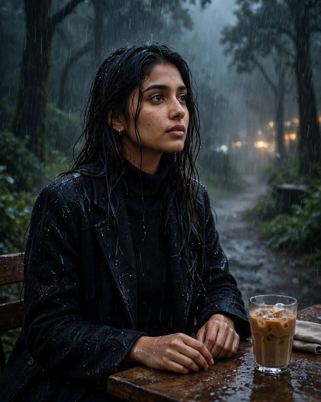 A young woman in a black turtleneck and long coat sitting at a cafe table on a misty forest path in heavy monsoon rain at night, a cold coffee before her