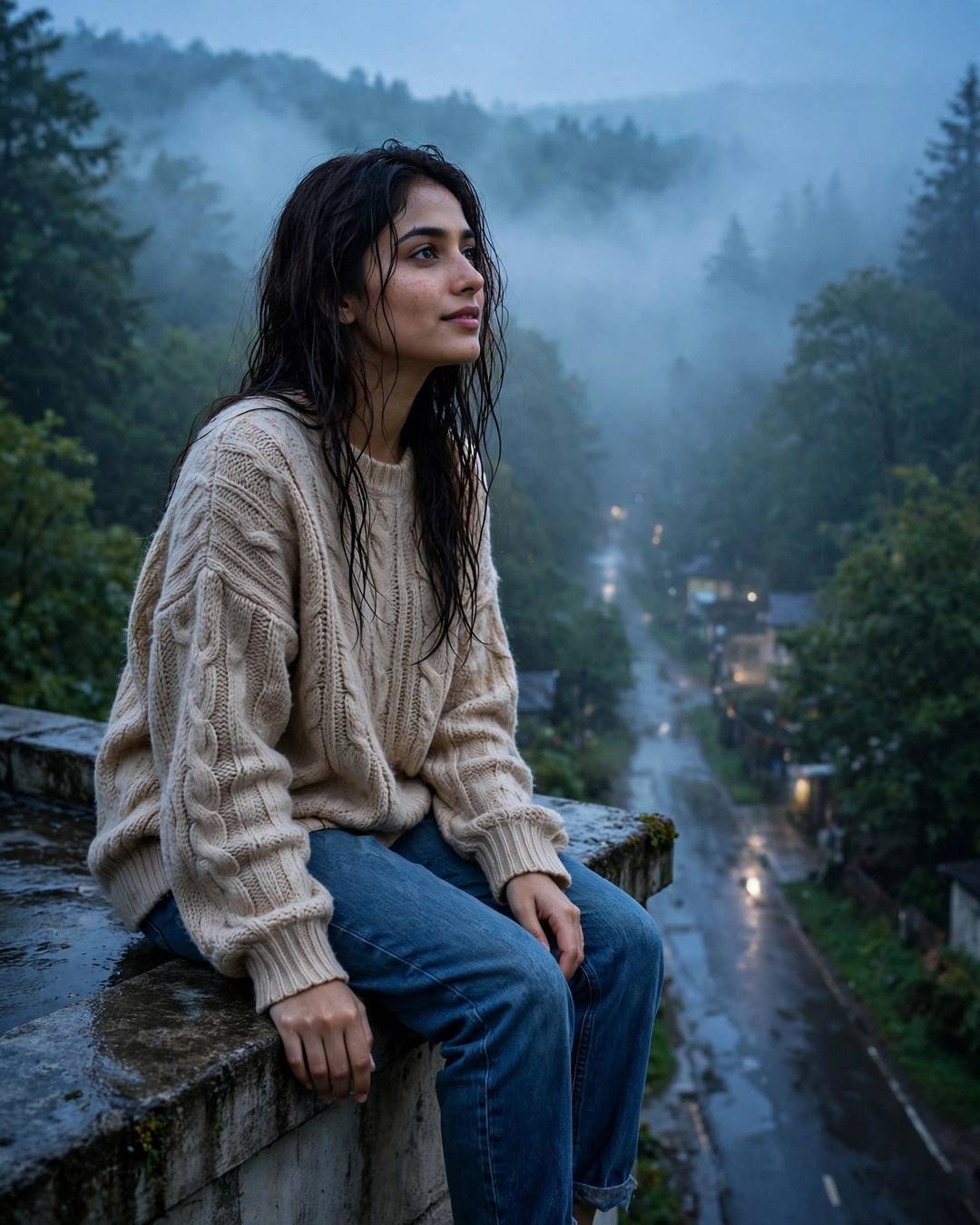A young woman in an oversized beige sweater and jeans sitting on a stone ledge above a misty forest valley at blue hour, wet hair, gazing out