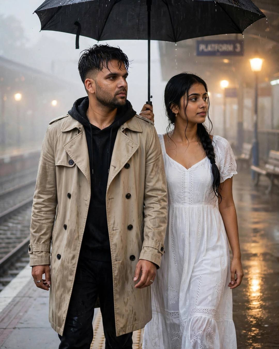 A bright rainbow arcing high over them — couple portrait in beige trench coat over dark layers, towel-dried tousled hair at walking side by side under one umbrella, shoulders touching at empty railway platform at night