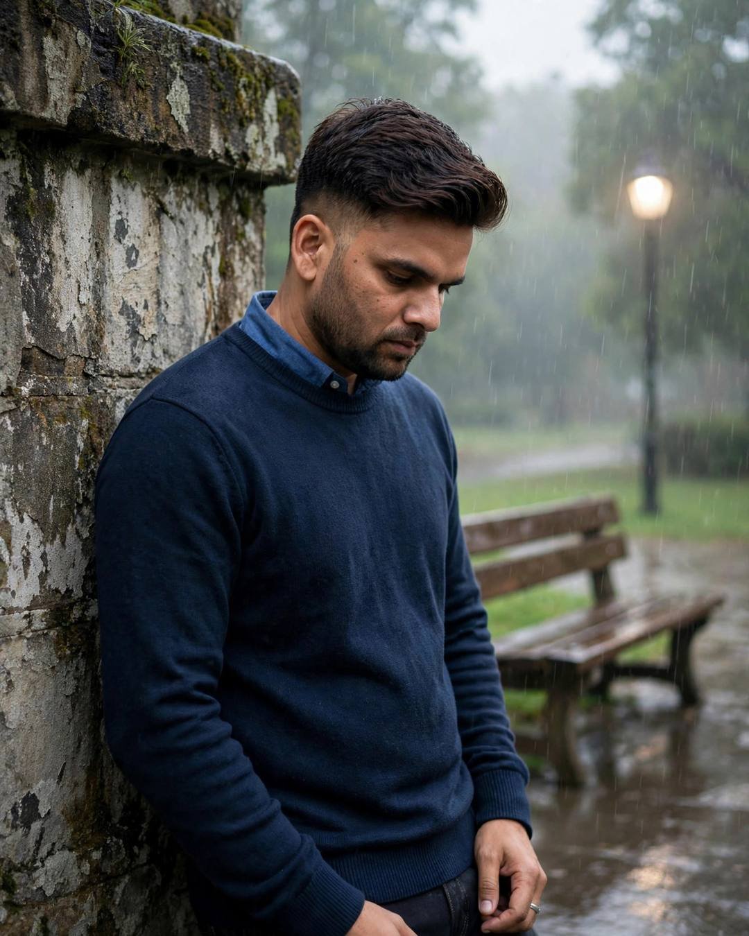 Young man in navy sweater leaning against a weathered wall in light rain, head tilted down, park bench and lamp behind