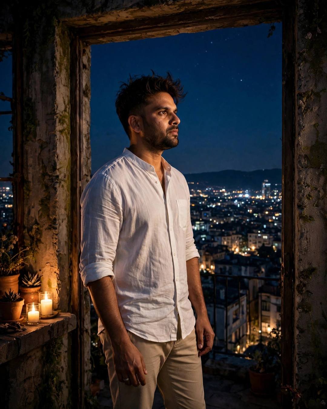 Young man in white linen shirt standing in a doorway at night, candles beside him, city lights below