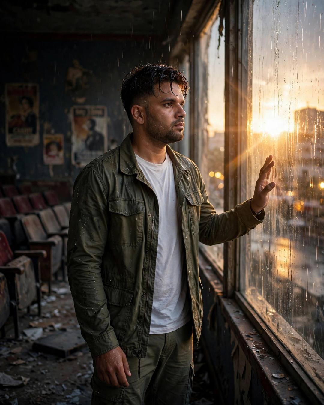 Young man in olive field jacket standing at a rain-streaked window in an abandoned cinema hall, hand on the glass, golden light