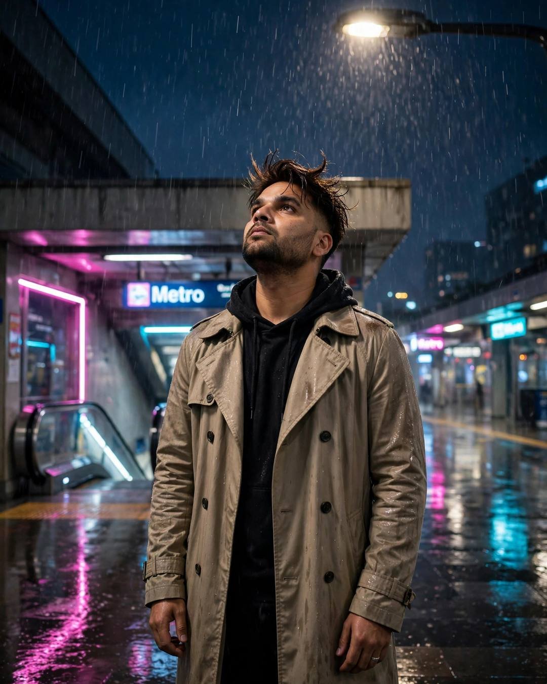 Standing exactly where her train once stood, — boy portrait in beige trench coat over dark layers, windswept textured hair at standing under a streetlamp in the rain, face lifted to the sky at midnight metro station