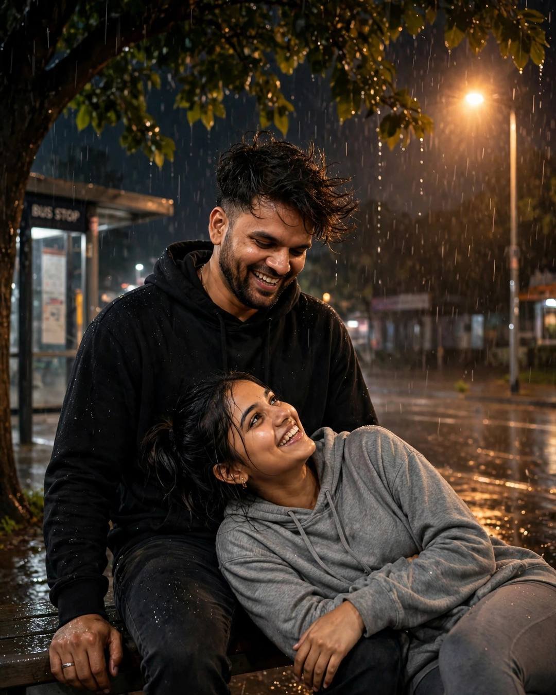 Foreheads touching under a shared gamcha as — cinematic Romantic Rain AI photograph, romance from the clouds, fragile
