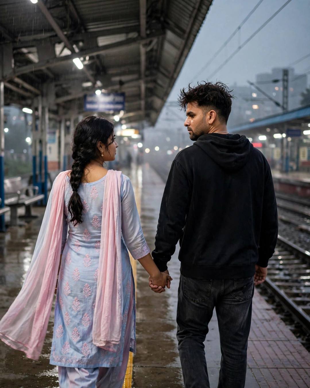Lying head to head, watching the pale — couple portrait in black oversized hoodie and dark jeans, slightly messy morning hair at walking hand in hand away from the camera into the distance at empty railway platform at night