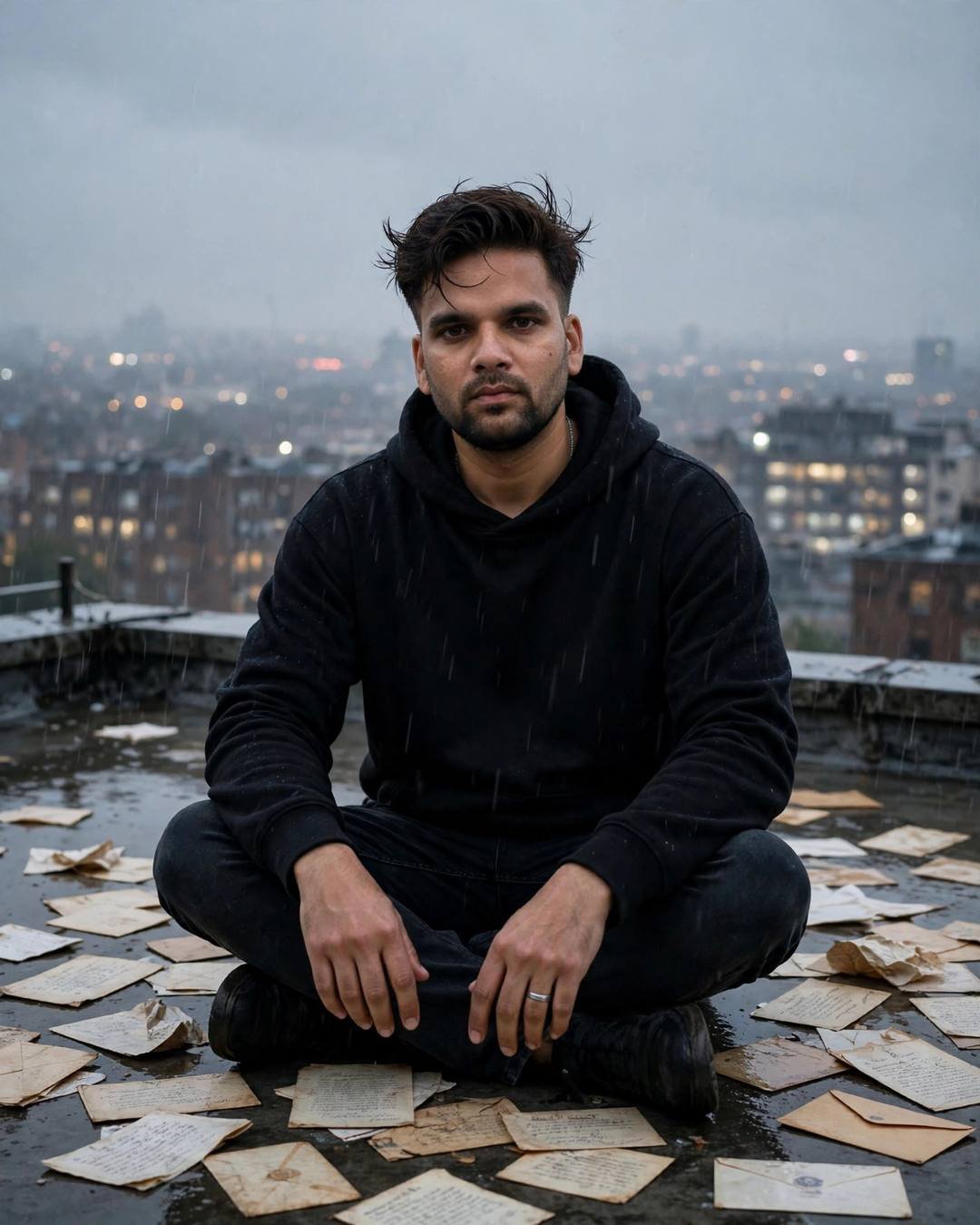 A young man in a black oversized hoodie sitting cross-legged on a rainy rooftop surrounded by old letters, sleeping city lights behind him