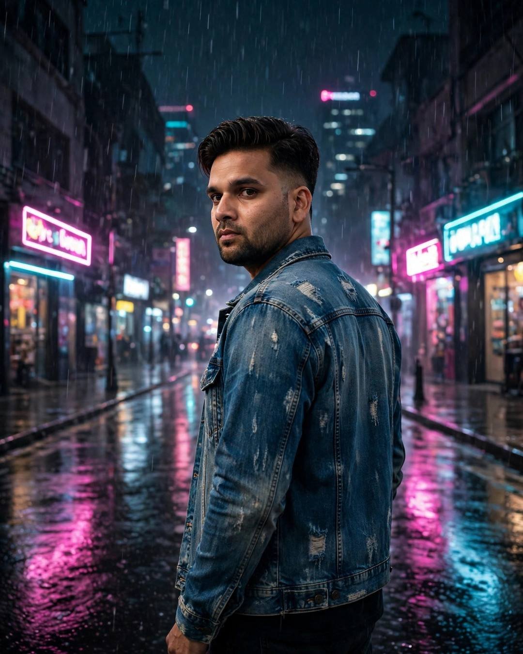 A young man in a distressed denim jacket standing on a rainy neon-lit city street at night, back to the camera, looking over his shoulder