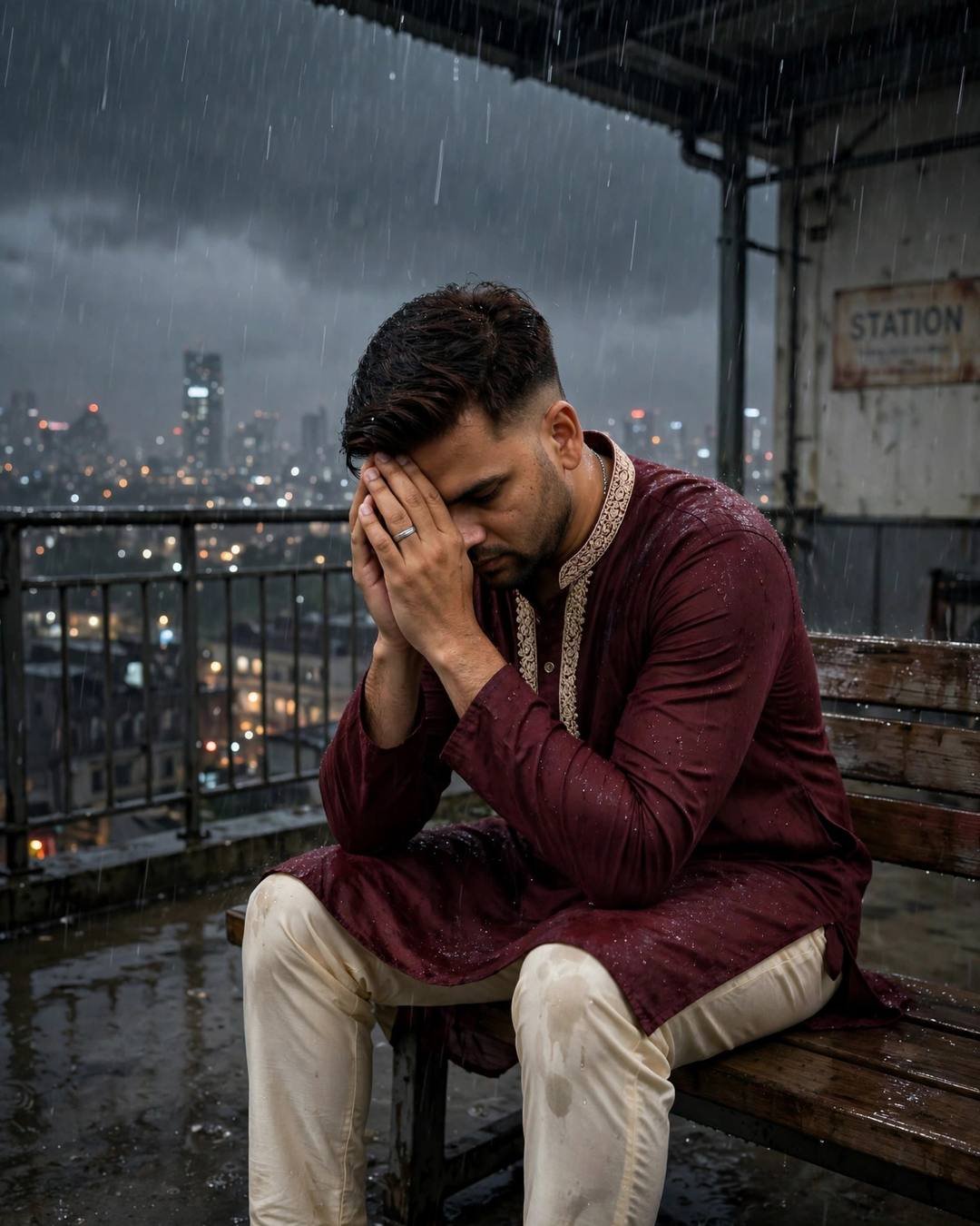 Running down a shuttered market lane while — boy portrait in maroon kurta with cream churidar, neatly combed side part at sitting on station bench, elbows on knees, head in hands at rooftop overlooking sleeping city lights