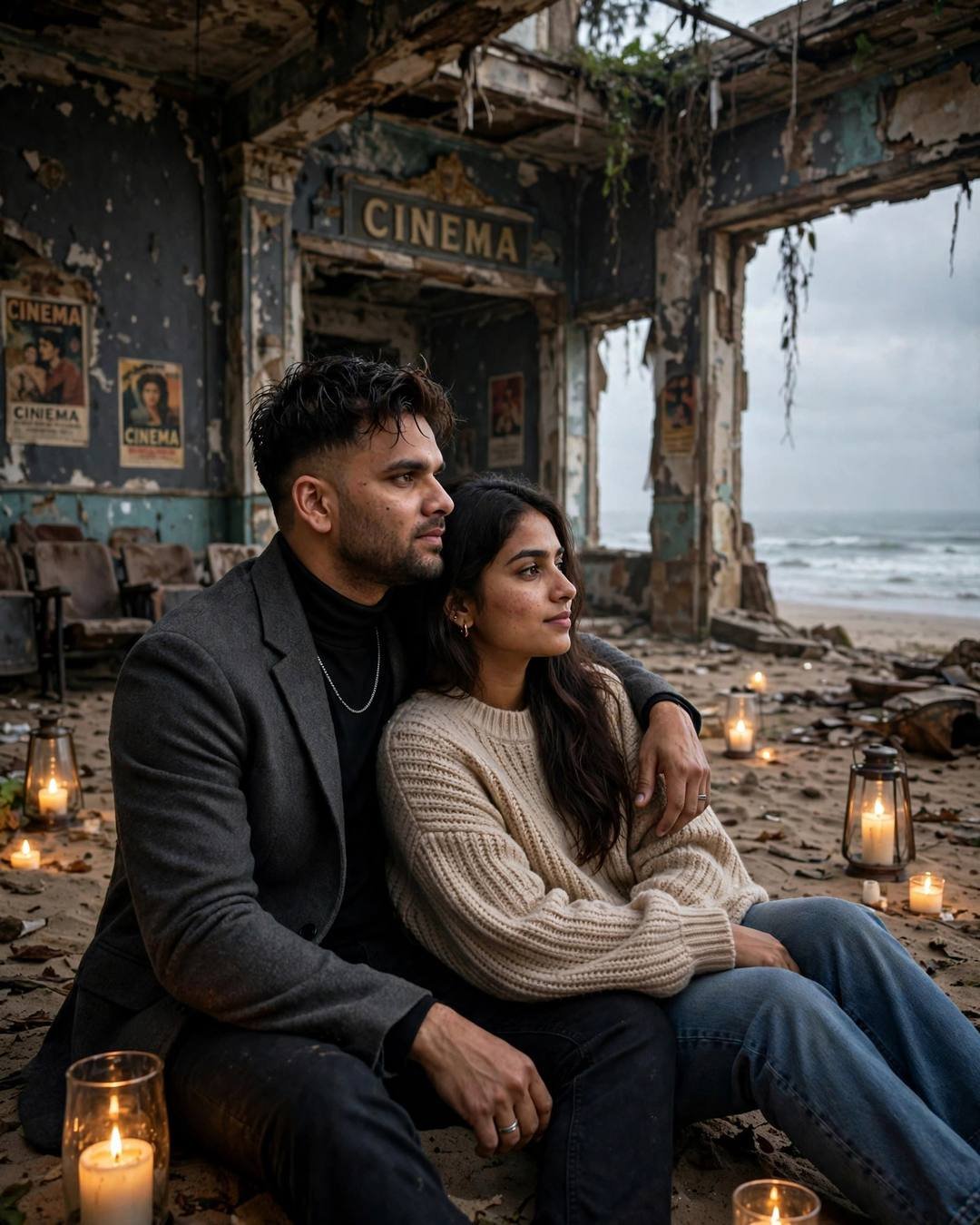 His hand on her back as she — couple portrait in charcoal blazer, black turtleneck, towel-dried tousled hair at sitting on the sand watching the waves, his arm around her at abandoned cinema hall