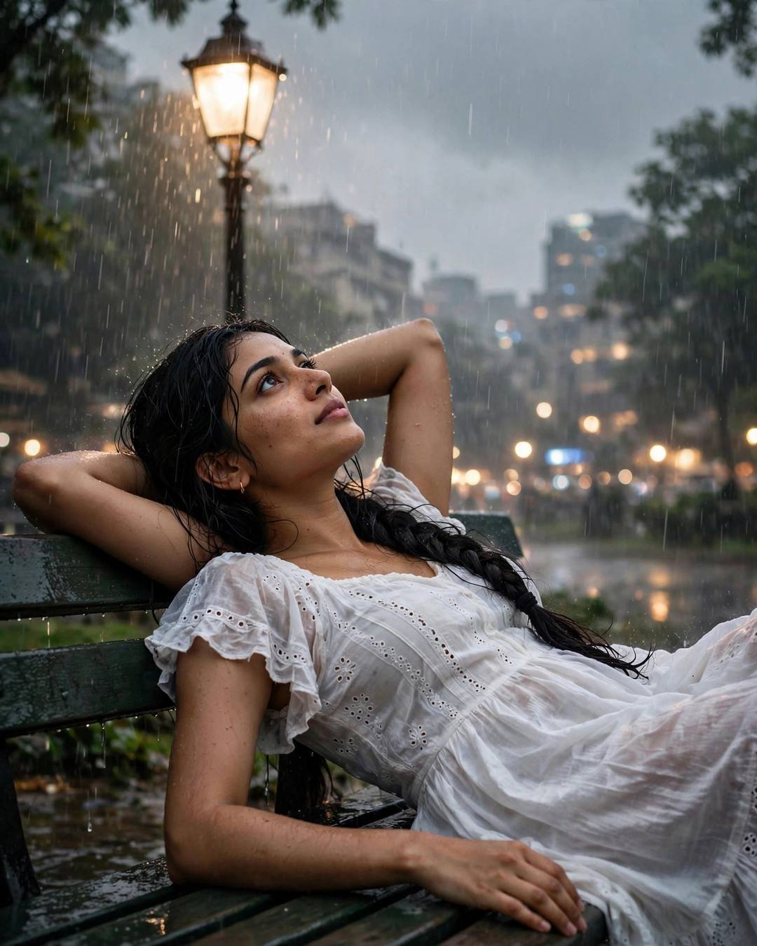 Young woman in a white dress reclining on a park bench under a lamp in monsoon rain