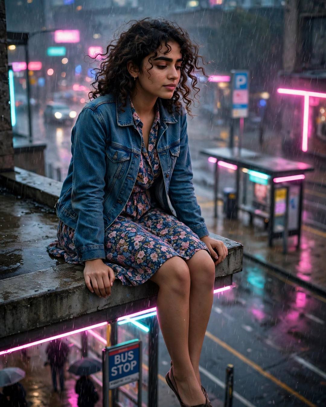 Young woman sitting on a rooftop ledge above a neon-lit bus stop in the rain