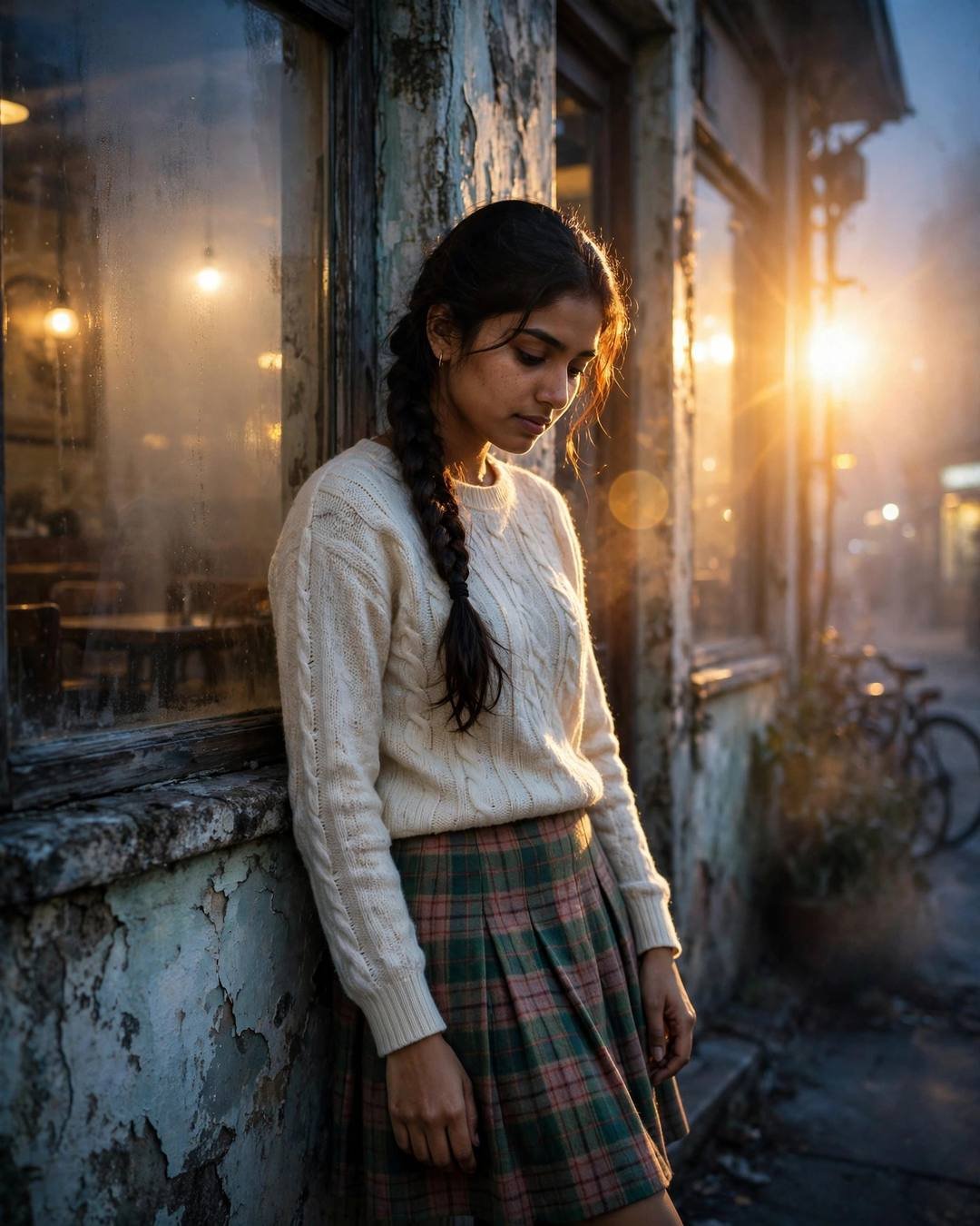 Young woman leaning against an old cafe wall in golden-hour light
