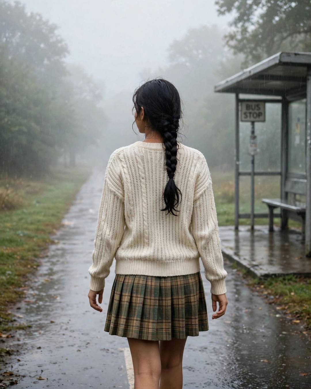 Young woman walking away down a foggy path beside a bus stop in light rain
