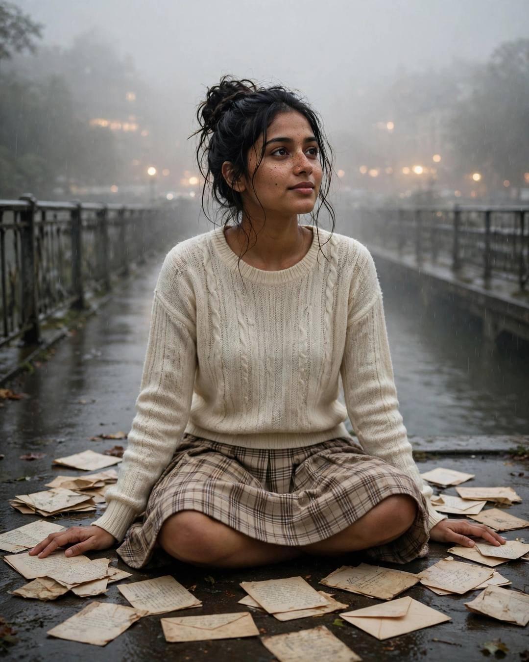 Young Indian woman in a cream knit top sitting among old letters on a foggy bridge