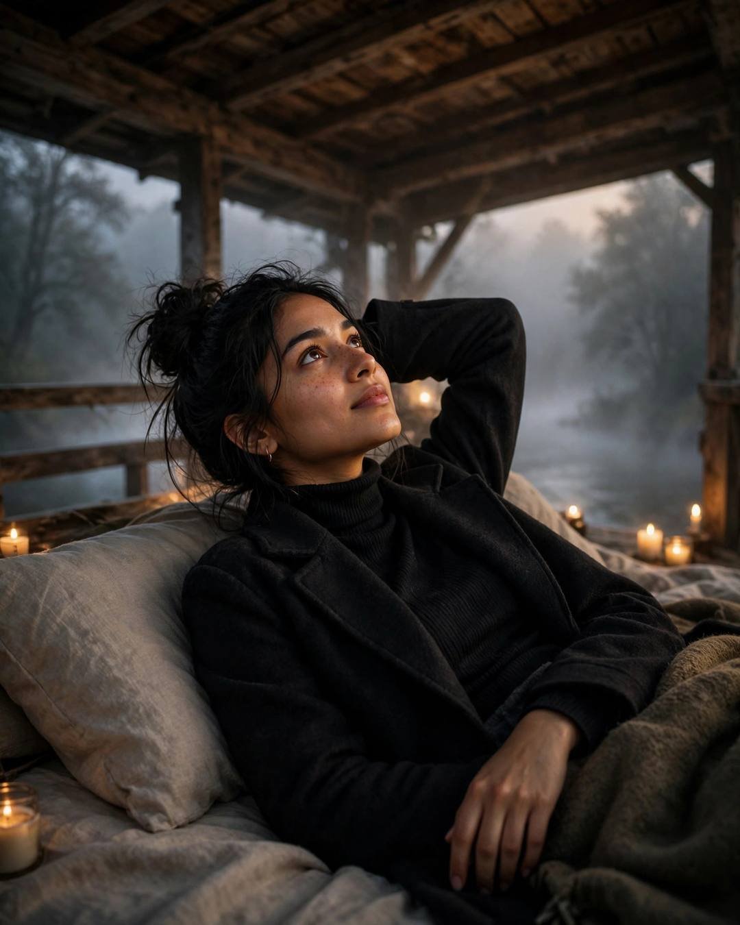Young Indian woman in a black turtleneck lying candlelit on a bed in a foggy riverside shelter