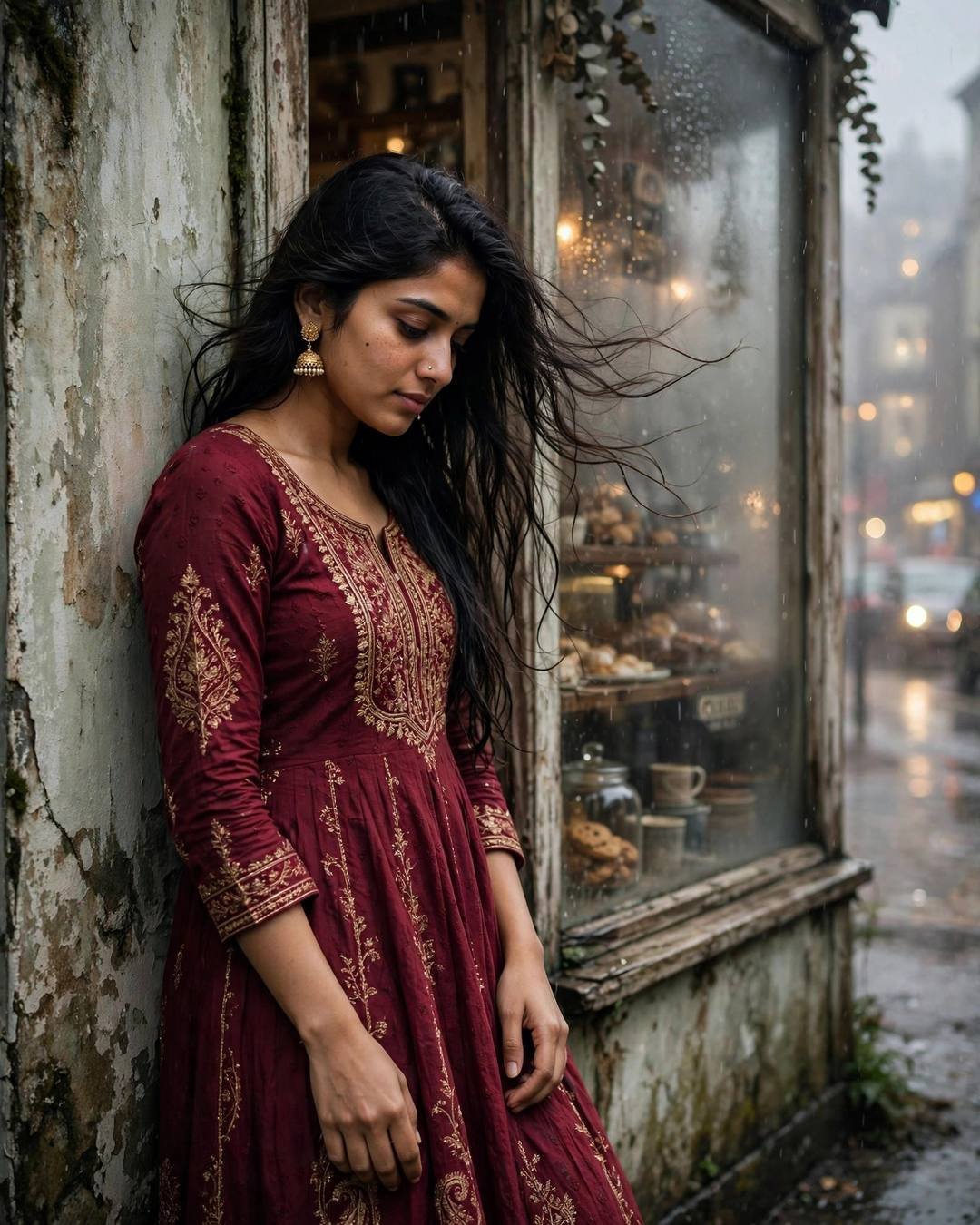 Young Indian woman in a maroon anarkali leaning against an old cafe wall in the drizzle