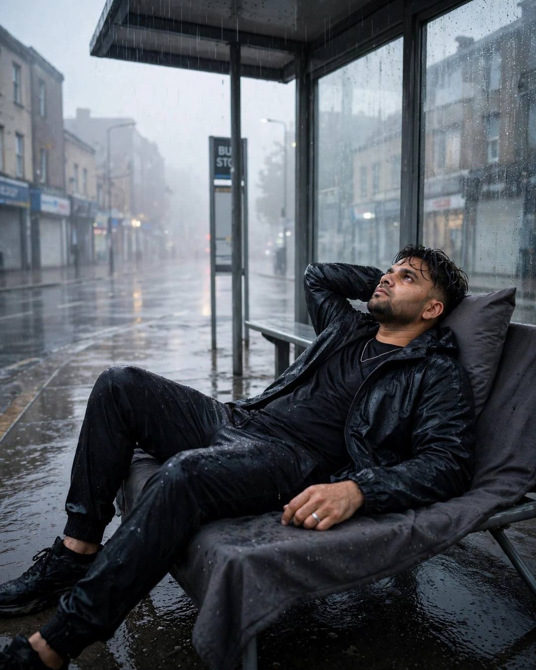 Young Indian man in black streetwear reclining at a bus stop in heavy rain