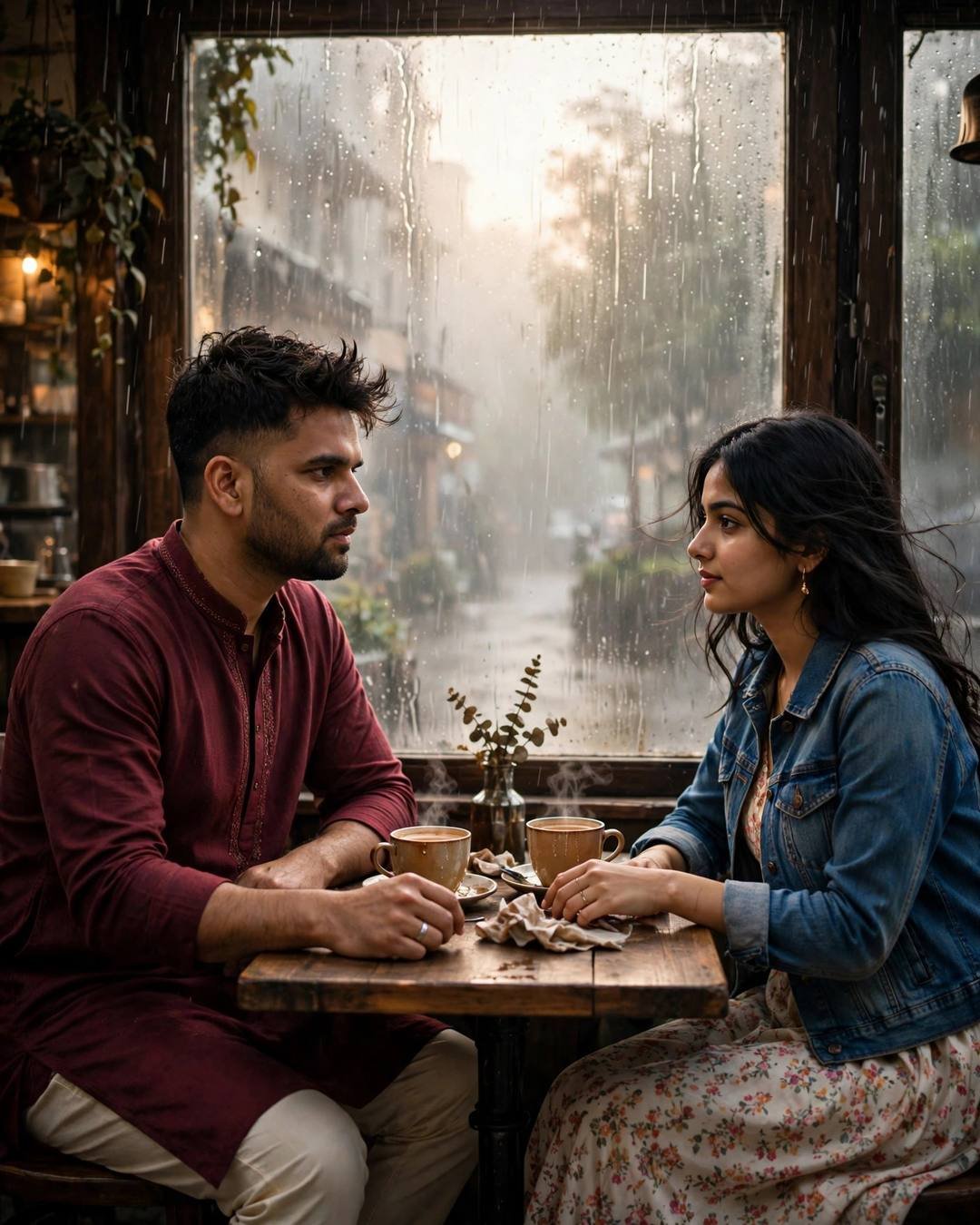 Couple sitting across a small cafe table with hands almost touching over cups, man in maroon kurta, woman in denim jacket over floral dress