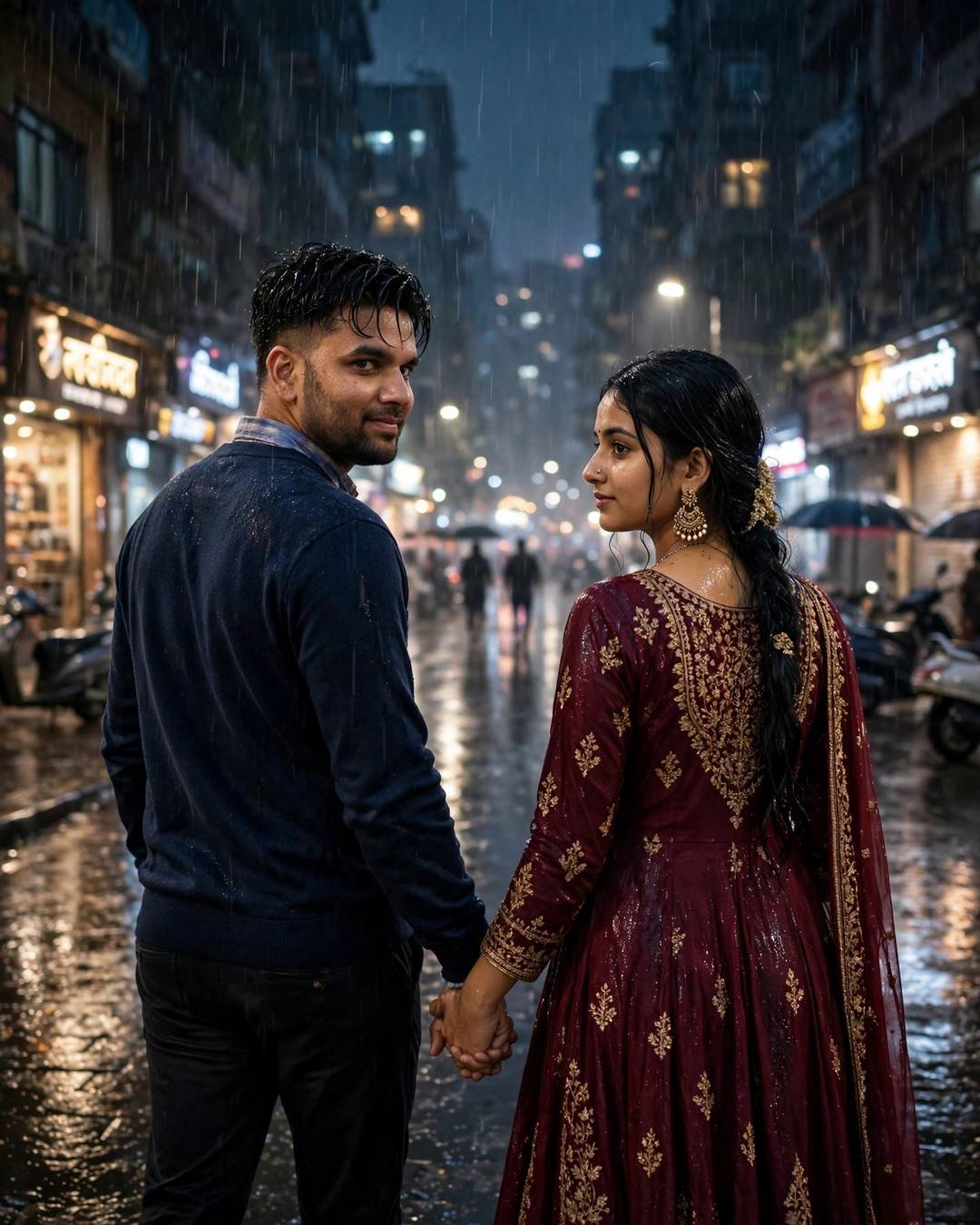 Couple walking hand in hand down a rain-soaked city street at midnight