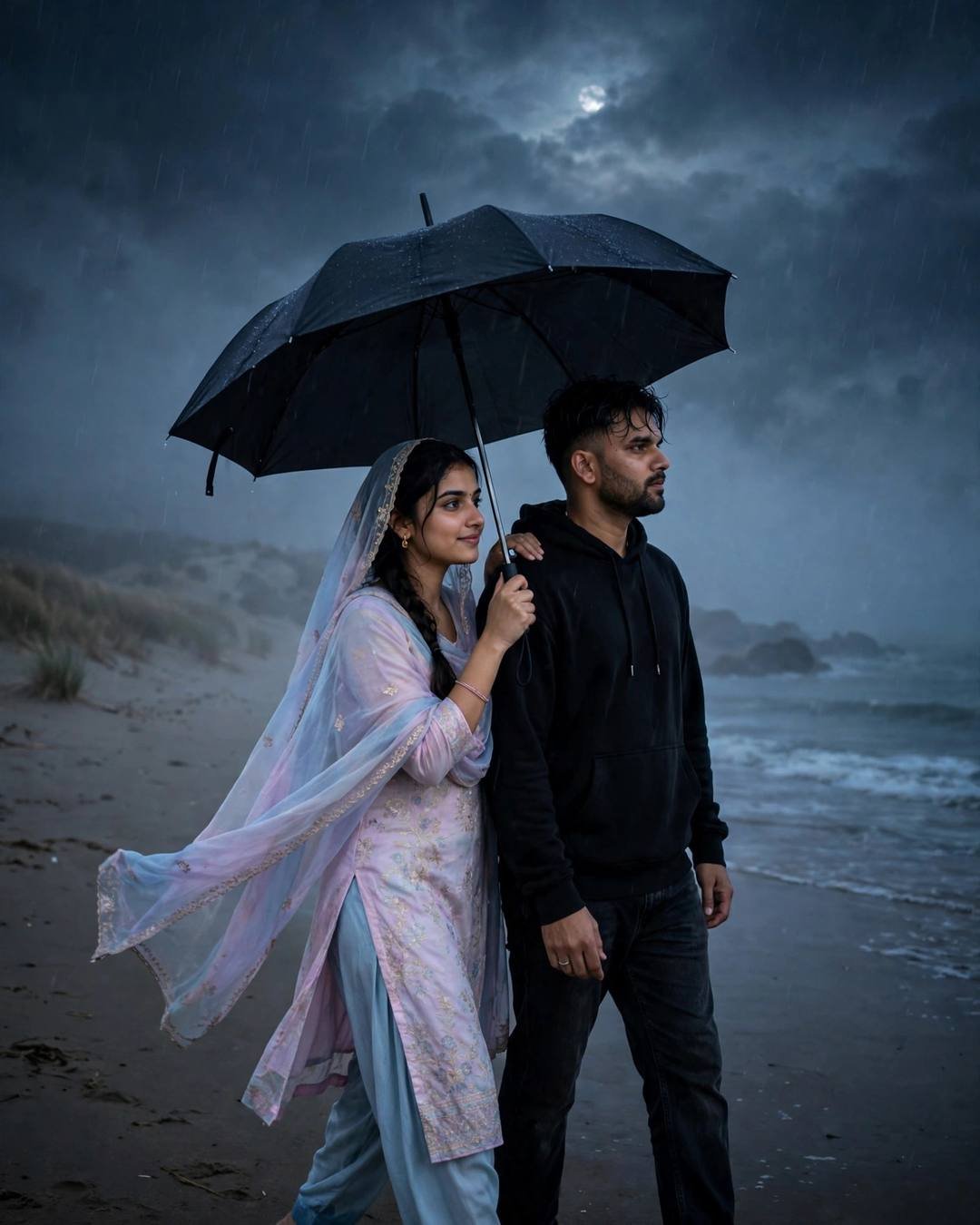 Couple walking under one umbrella on a foggy moonlit beach