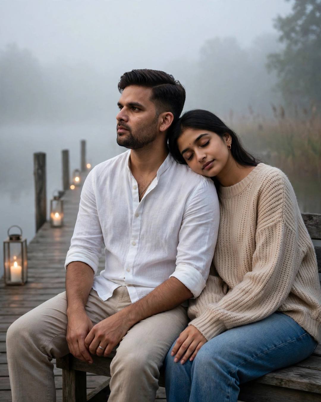 Young couple sitting close on a foggy lake pier bench, her head resting on his shoulder, lanterns glowing