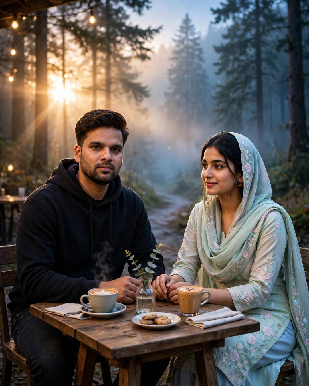 Couple sitting across a cafe table in a misty forest with hands almost touching over coffee