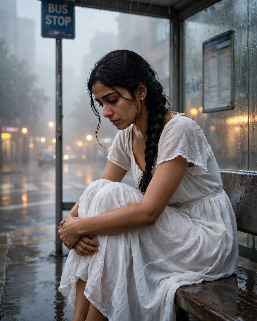 Young woman in flowing white dress sitting with knees drawn up at a rainy bus stop in fog