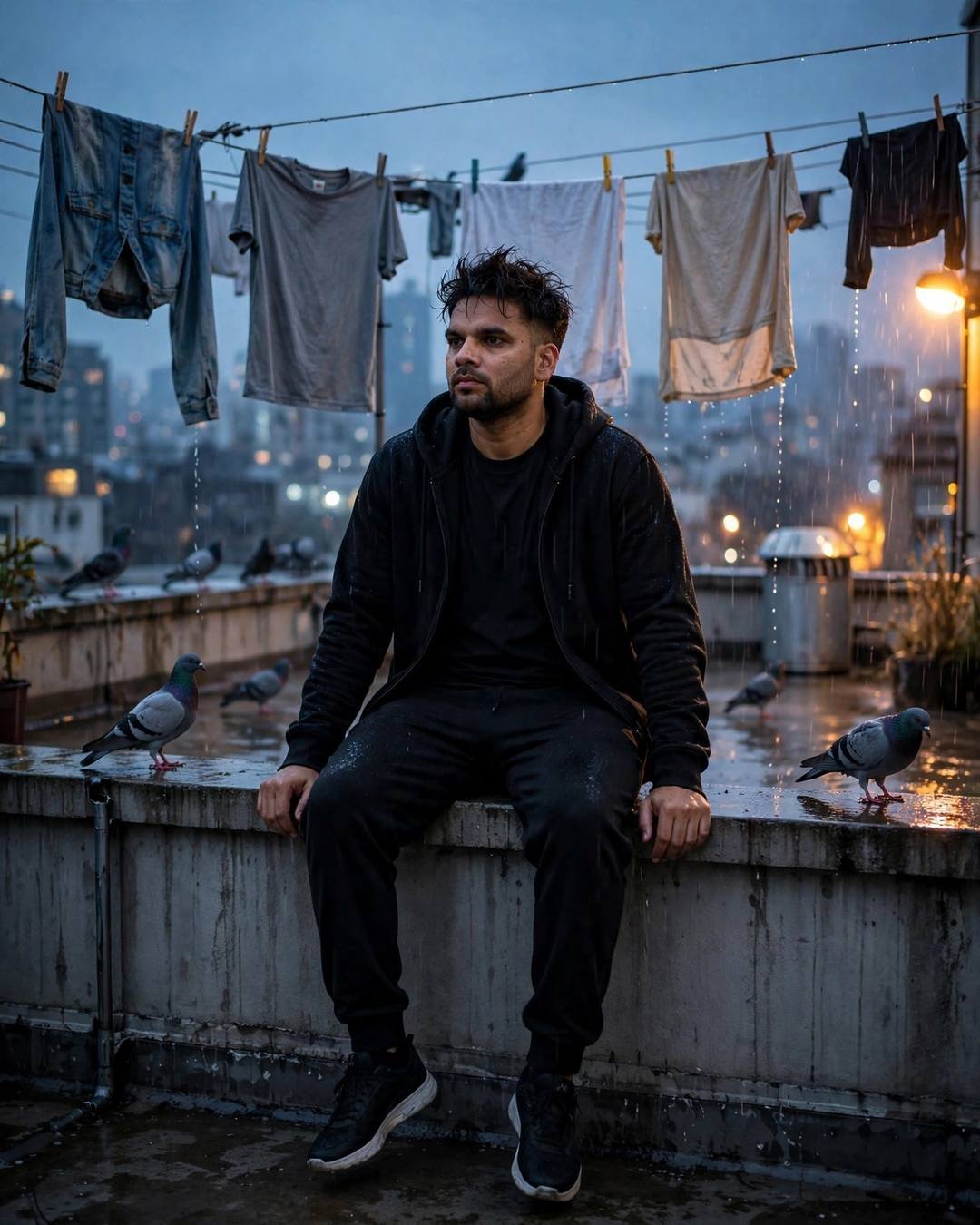 Young Indian man in black streetwear sitting on a terrace ledge with clothes lines and pigeons in light rain